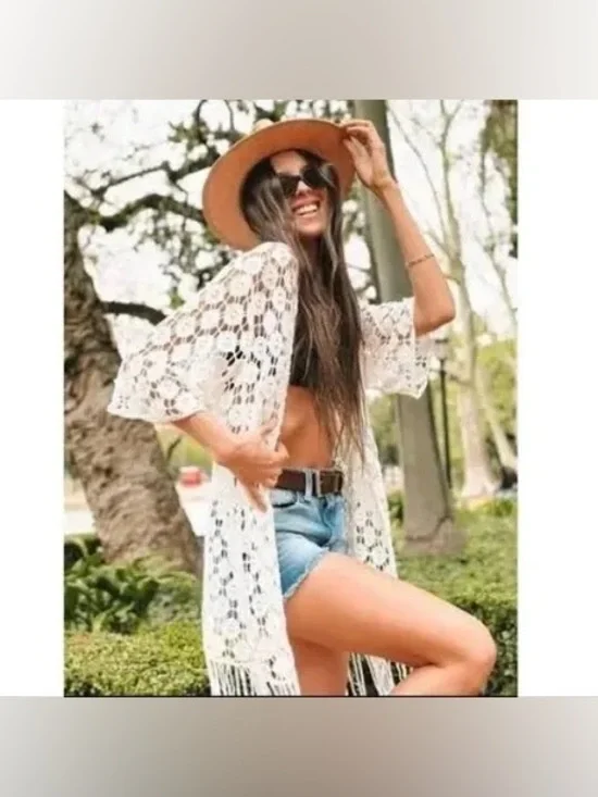 Rebellion Cream Crochet Fringe Open-Front Cardigan - Picture 2 of 9